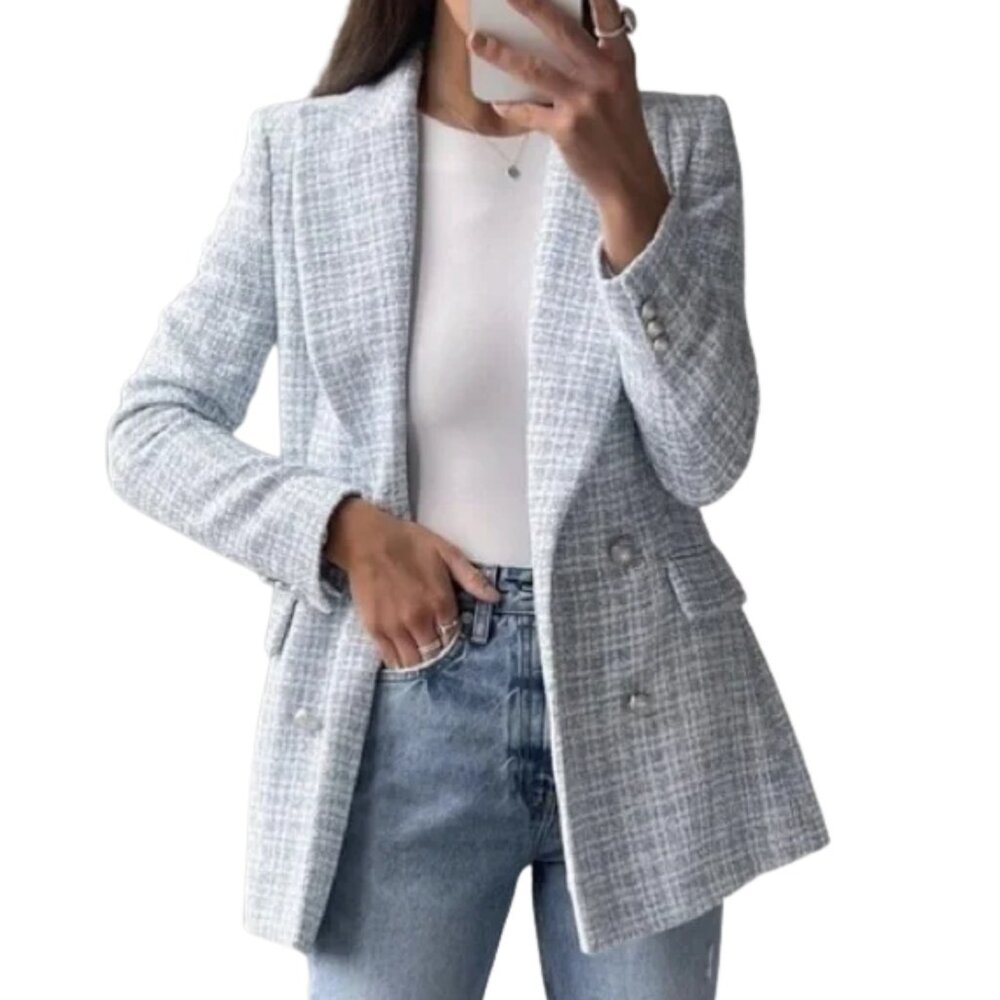 ZARA TWEED TEXTURED PLAID BLAZER DOUBLE BREASTED WHITE BLUE SIZE LARGE